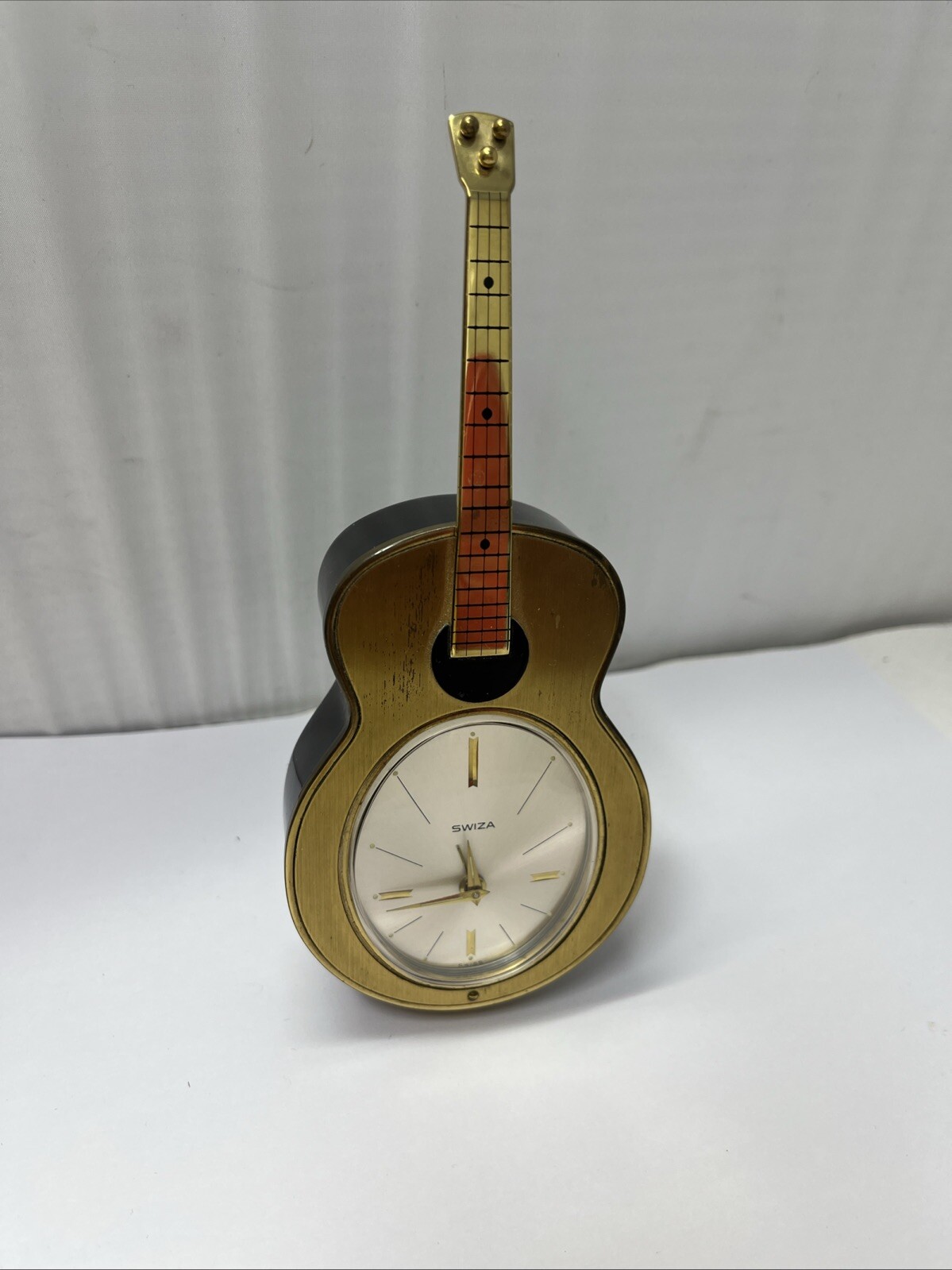 Vintage 1950's SWIZA 7" Guitar Music Box Alarm Clock SWISS 7-JEWELS Working