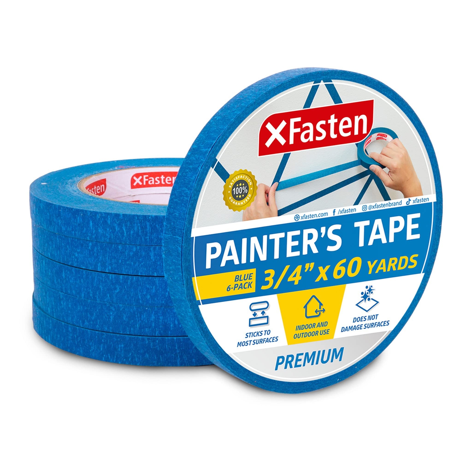 XFasten Blue Painters Tape, Multi-Use, 3/4 Inches x 60 Yards (Pack of 6) Blue...