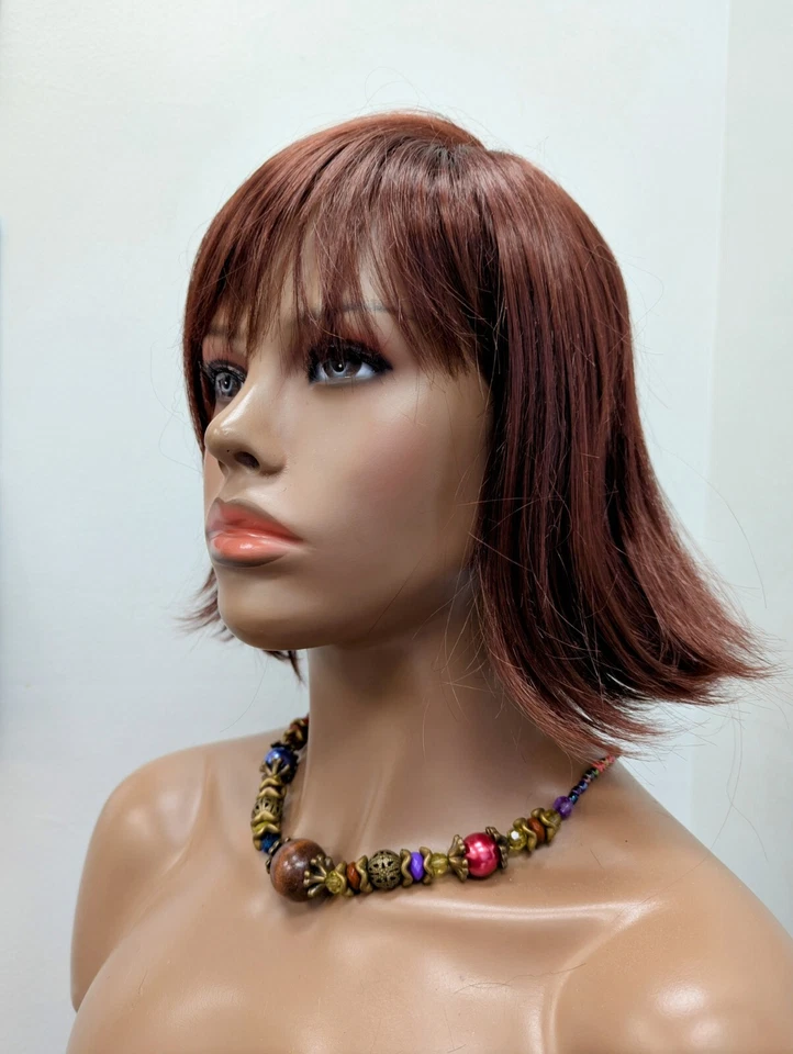 Peluca corta sintética corta corte navaja suelta color rojo rojizo oscuro 33 con flequillo Foto 3 de 4