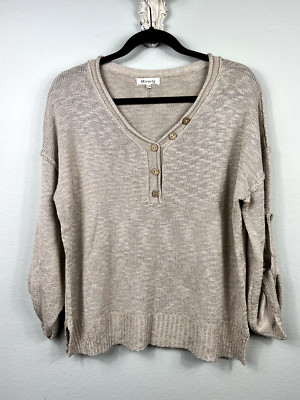Miracle Women Beige V-Neck Roll Tab Sleeve Pullover Sweater S/M
