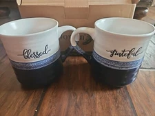 Dowan 18oz Large Coffee Mugs set of 2 BLESSED and GRATEFUL ombre fade blue/white