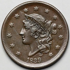 1839 Coronet Head Large Cent, Silly Head, N-9, Late Die State