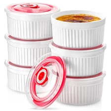 Ramekins with Lids Set of 6 8 oz Porcelain Creme Brulee Souffle Covers White