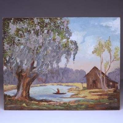 American Impressionist Wolfrom? Man Fishing Scenic Hunting Cabin O/B Painting