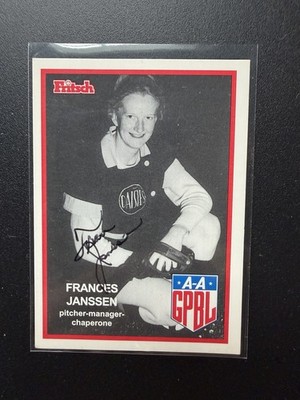 Autographed card of AAGBPL star FRANCES JANSSEN