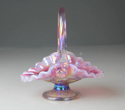 Fenton Plum Opalescent Iridized Inverted Strawberries Basket 6"