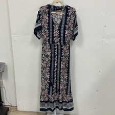 Minkpink Navy Floral Button Front Maxi Dress Boho Tassel Waist Pink Cream Medium