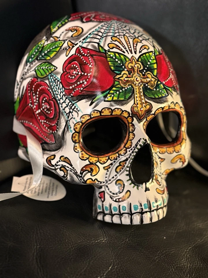 Half Skull Red Day of the Dead Mask Dia de los Muertos Masquerade Hand Painted - Image 2 of 4