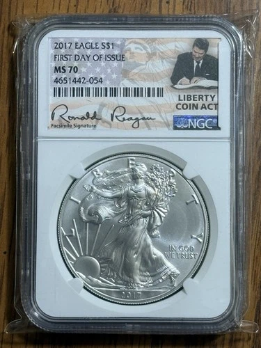 2017 American Silver Eagle $1 First Day of Issue NGC MS70 Ronald Reagan Label