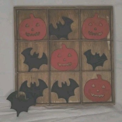 Halloween Wooden Tic-Tac-Toe Game with Pumpkin & Bat Figurines, Folk Art Style