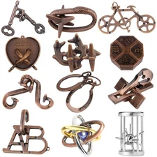 12Pcs Brain Teaser Puzzles for Adults and Teens, 3D Metal Puzzle Set with Var...