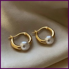 Retro Round Pearl Hoop Earrings for Women Simple Square Geometric Small