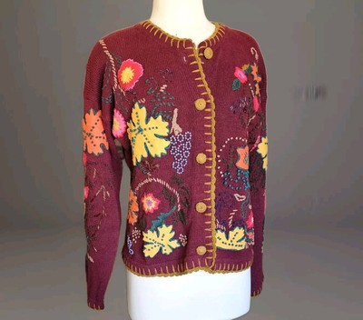 Segue Embroidered Sweater Cardigan Womens Sz Large Beaded Floral Button Up 