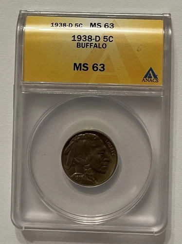 ANACS Graded MS63 1938-D Buffalo Nickel * Beautiful Brown Tone!