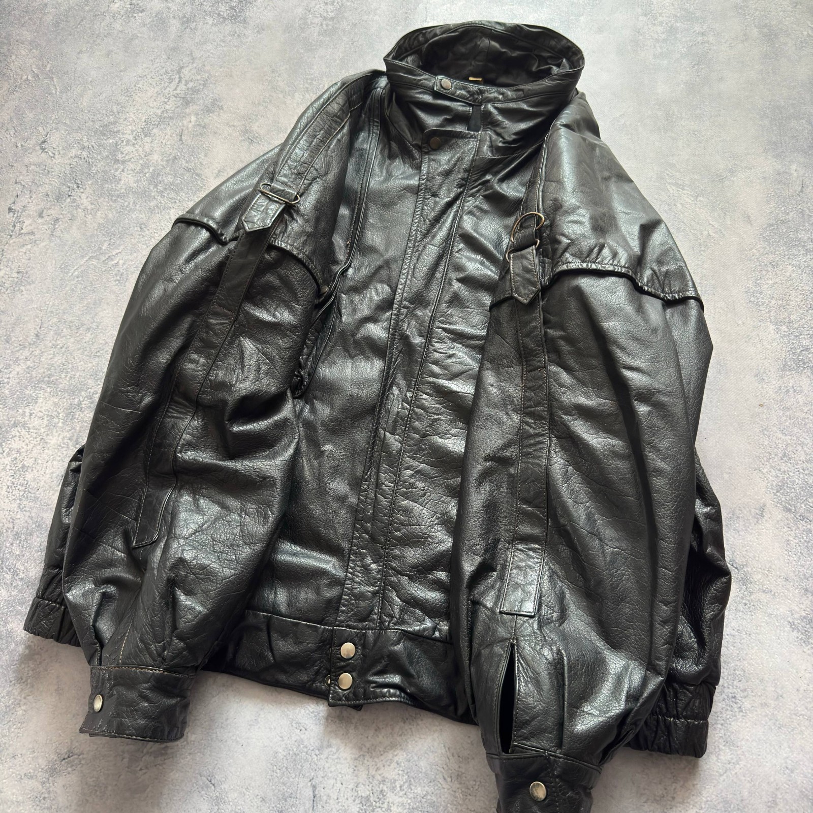 Men’s Vintage Black Leather Jacket Size 52 Oversized Biker Utility Coat Full Zip image 5