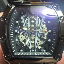 Men's Tonneau Skeleton Dial Analog Wristwatch Black Rubber Strap Silver Case