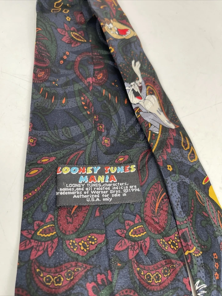 Corbata de manía Looney Tunes 1996 vintage Taz Bugs Bunny base azul seda cachemira 3,5" w Foto 2 de 4