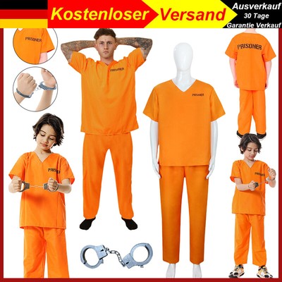 Damen/Herren/Kinder Karneval Kostüm Orange Gefangener Sträfling Häftling Overall