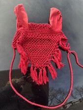 HORSE FLY BONNET WITH TASSELS FLY VEIL EAR BONNET HANDMADE COTTON CROCHET RED