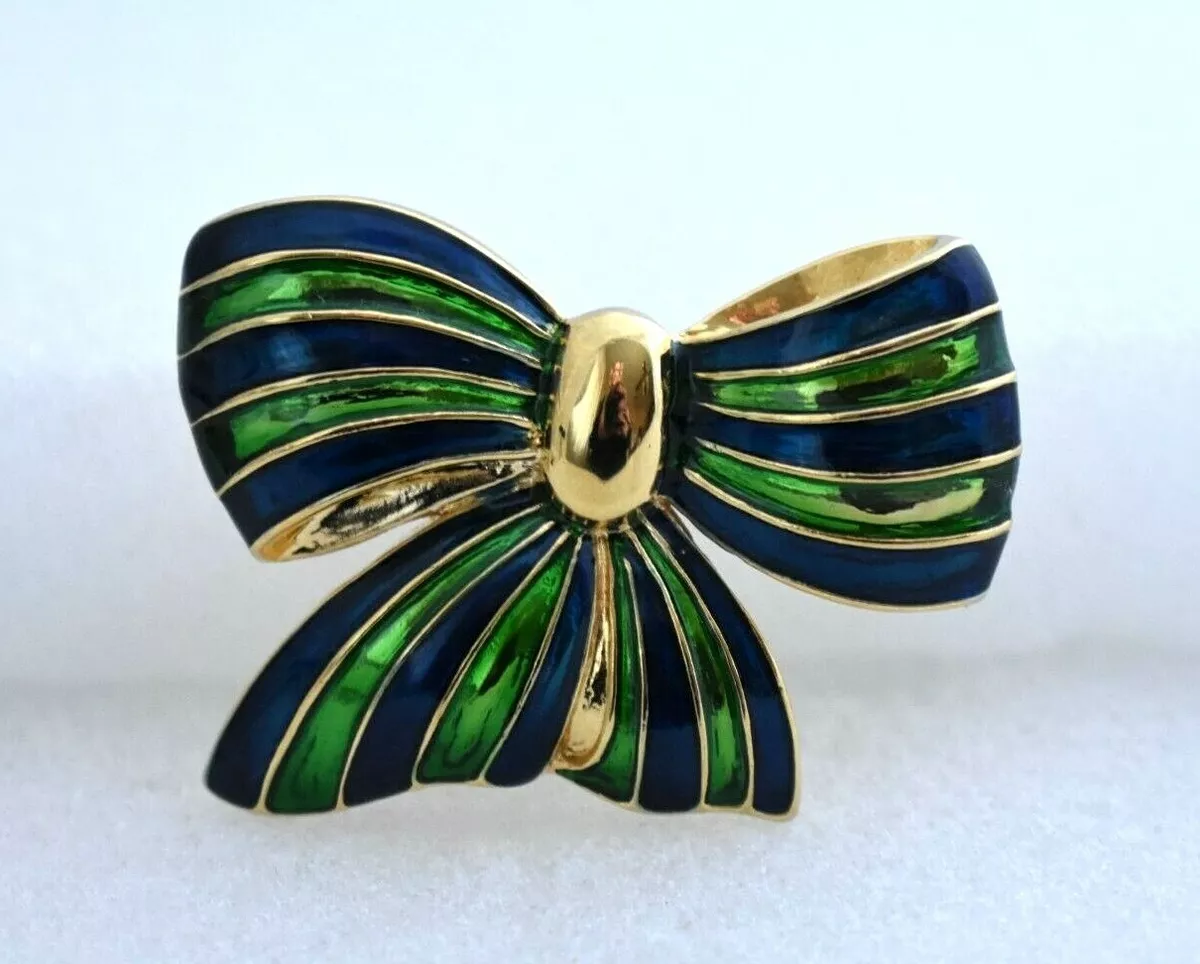 Vintage Signed Park Lane Blue Green Enamel Bow Brooch Pin