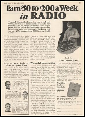 1925 National Radio Institute ''Earn $50 To $200 A Week'' Free Book Offer Print Ad