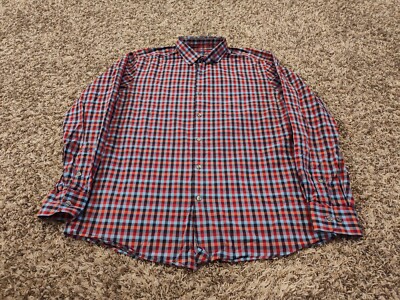 Perry Ellis Shirt Mens XL Red Blue Check Slim Fit Long Sleeve Button Front