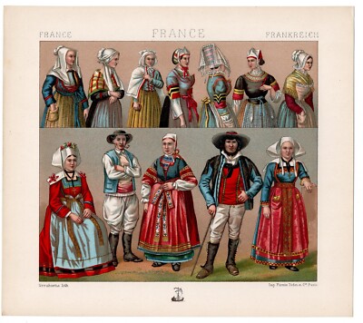 FRENCH REGIONAL DRESS- 19th Century Traditional & Headwear 1888 Antique Print FRENCH REGIONAL DRESS- 19th Century Traditional & Headwear 1888 Antique Print