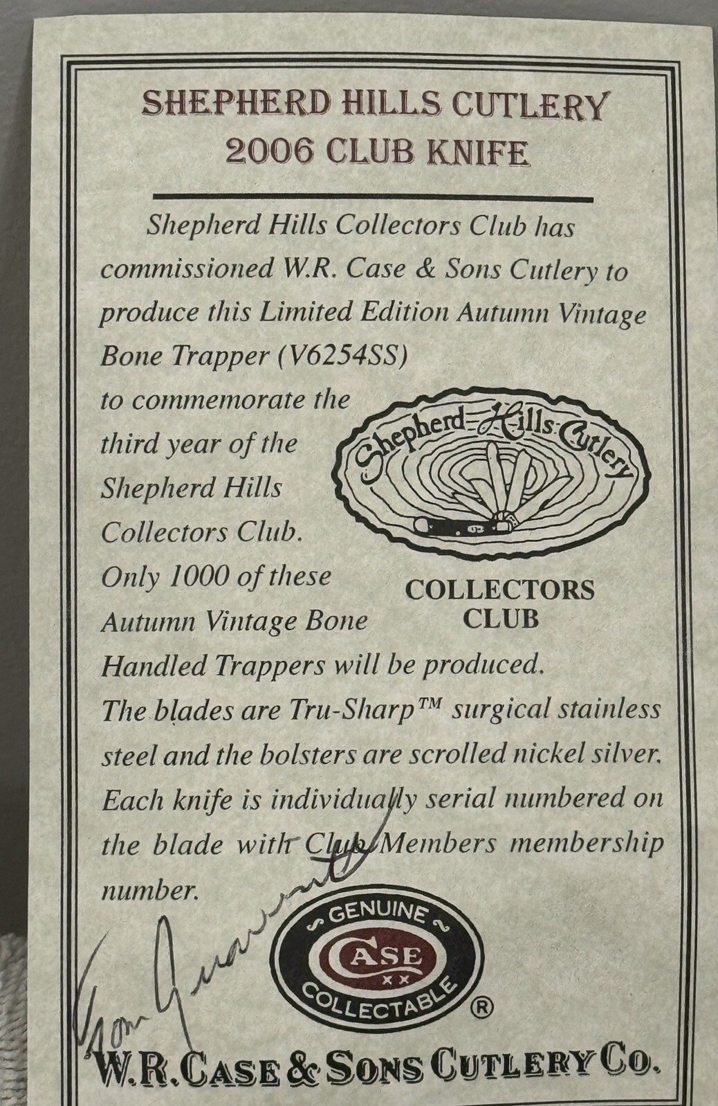 CASE XX LIMITIED ADDITION VINTAGE BONE TRAPPER V6254SS TOM ARROWSMITH