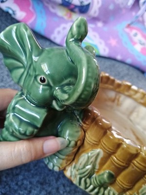 Vtg Majolica Pottery Lucky Happy Trunk Up Elephant with Bambo Planter