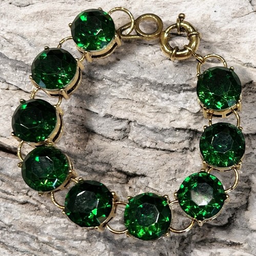 Bracciale stile vintage cristallo verde smeraldo tono oro maglia grossa pietre tonde