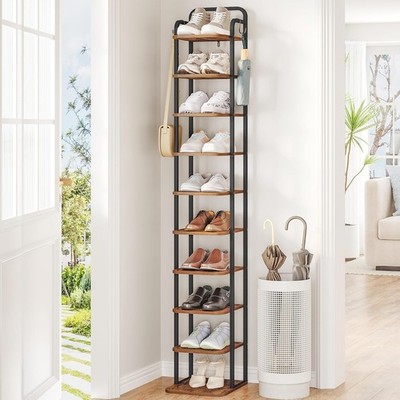 Hzuaneri 10 Tiers Vertical Shoe Rack Narrow Shoe Tower Tall Shoes Shelf 2 Hooks