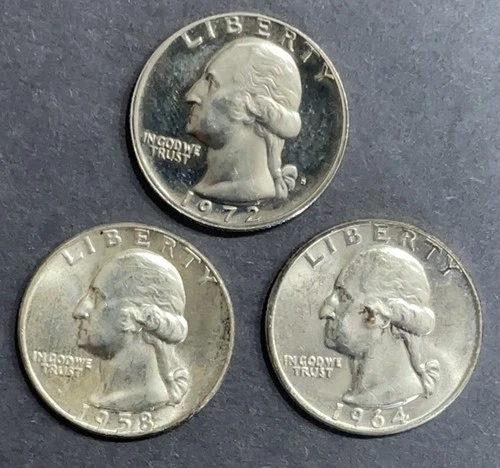 Silver Washington Quarters Lot of 3 1972 Proof 1958 D and 1964 D