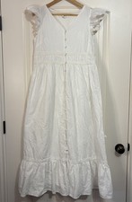 White Swiss Dot Floral Embroidered Maxi Dress Flutter Sleeve Boho Feminine Sz 12