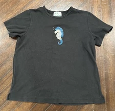 The Quacker Factory T-Shirt Medium Black Beaded Sequin Seahorse Nautical Cotton