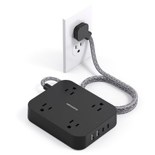 Black Flat Plug Extension Cord, 5ft Power Strip with 4 USB Ports 2 USB C , 4 ...