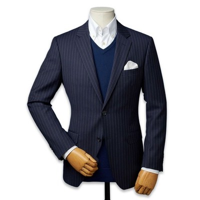 Valentino Mainline Blazer 100% Virgin Wool Pinstripe Cupro Lining Navy Men's 44R
