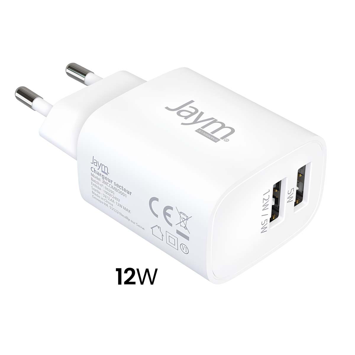 Chargeur double USB 2.4A Jaym avec câble USB-C 2m pour charge simultanée