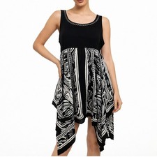 New Directions Tunic Dress L Black White Asymmetrical Hem Stretch Knit Boho