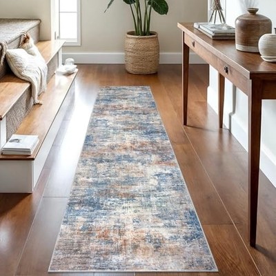  Abstract Runner Rug 2x8 Ft Washable Runners 2' x 8' (Runner) Blue/Rust/White