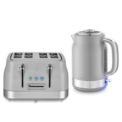 Swan Retro Wasserkocher & 4 Scheiben Toaster Set Grau 1,7L Schnellkochen 7 Bräunungsstufen