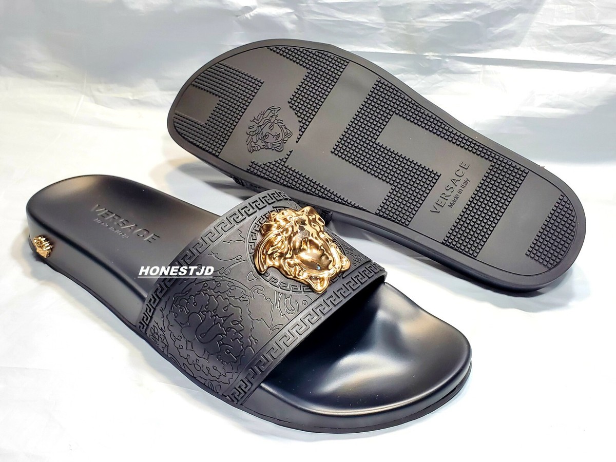 Versace Medusa Slide Sandals Black White Gold Men’s Size 8 La Medusa Rubber Sliders Black,Gold | VERSACE US main image 3