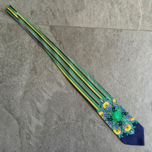 GIANNI VERSACE 1990s blue silk tie Floral Medusa Stripes print - Picture 4 of 12