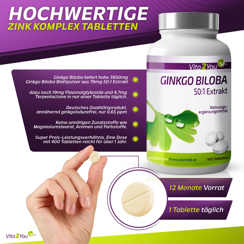 Vita2You Ginkgo Biloba - 400 Tabletten - Hochdosiert - Ginkgo Extrakt - 3950mg - Bild 2 von 4