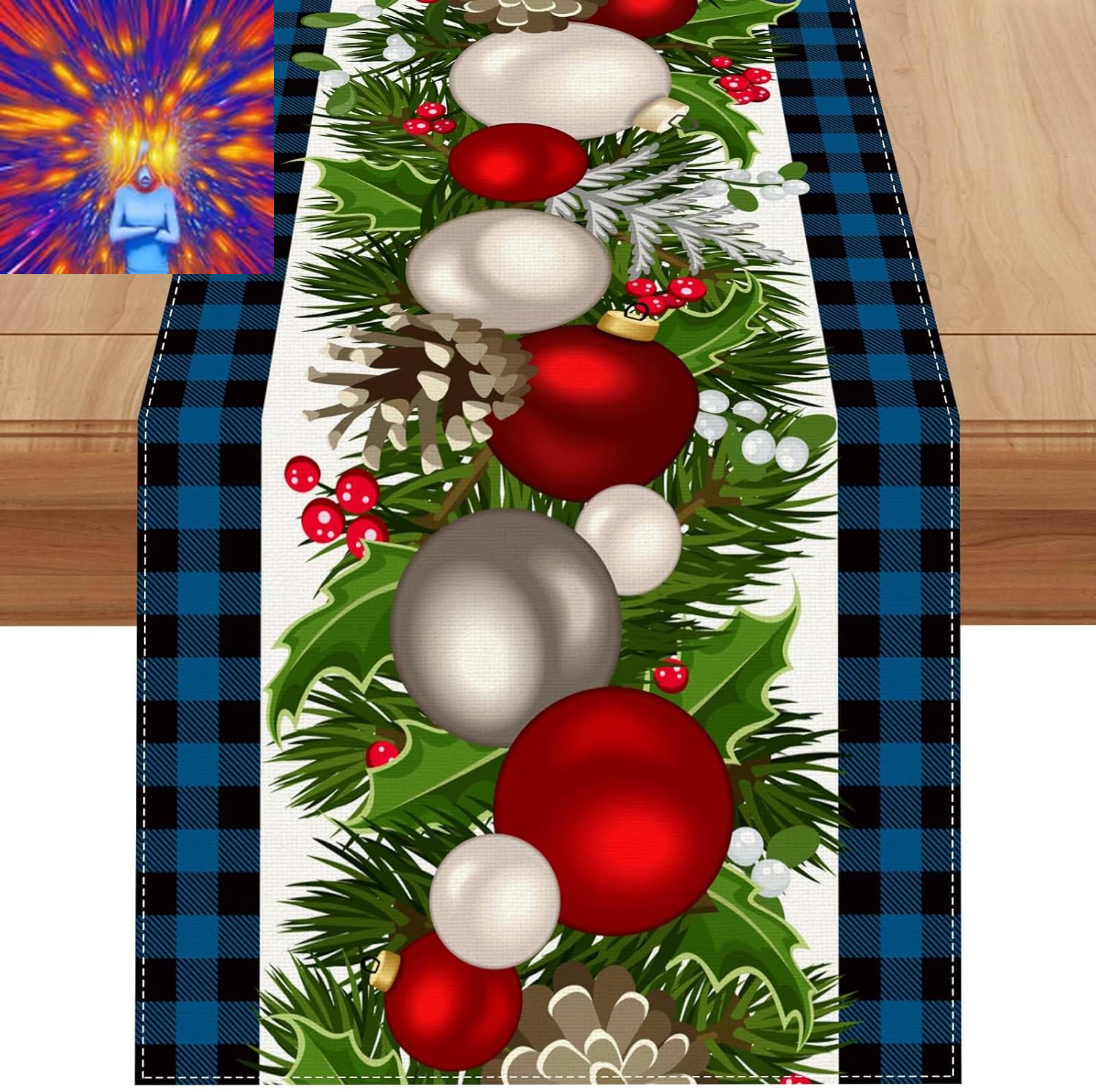 Linen Blue and Black Buffalo Check Christmas Table Runner 72 Inches Long Seasona