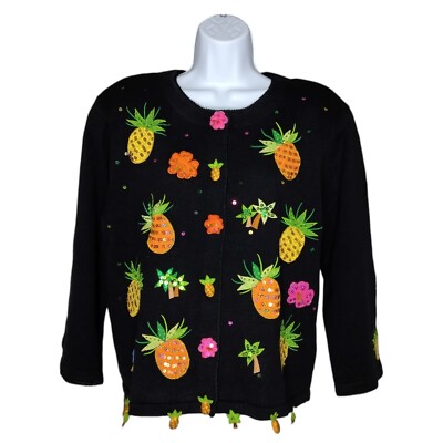 Jack B Quick Petites Womens PL Cardigan Sweater Pineapples Sequins Embroidered