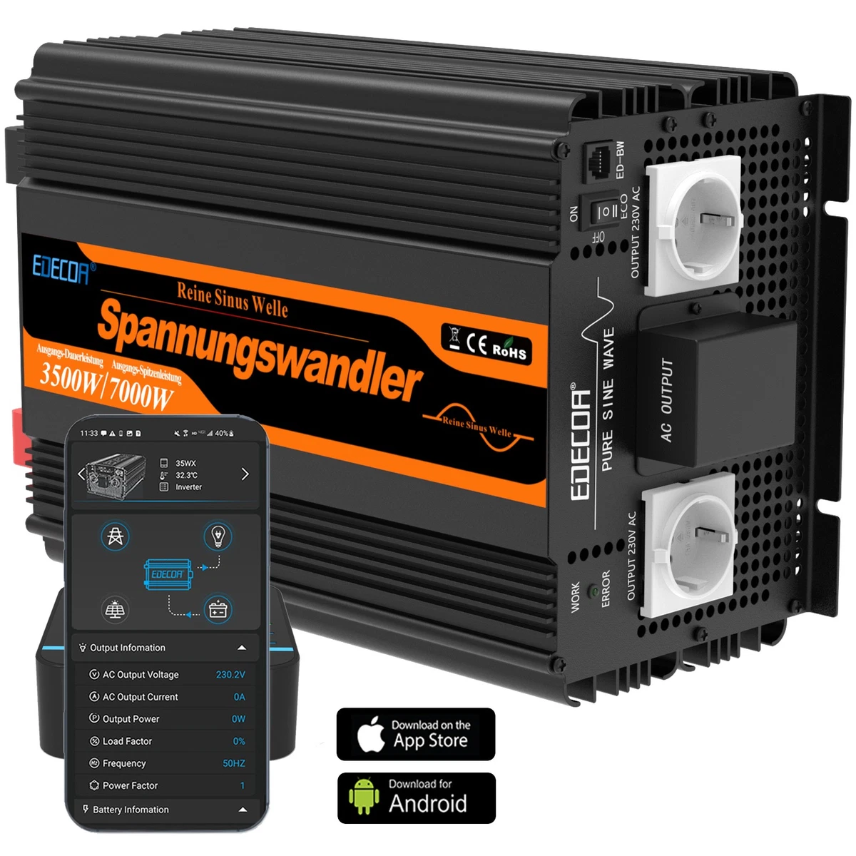 Berger Inverter Sinusoidale Puro 1000W (2000W Picco) - 12V A 230V Per Camper, Caravan E Impianti Fotovoltaici