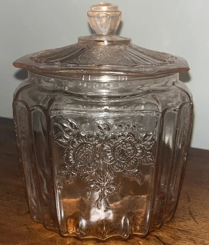 Anchor Hocking Mayfair "Open Rose" pink depression glass cookie or biscuit jar