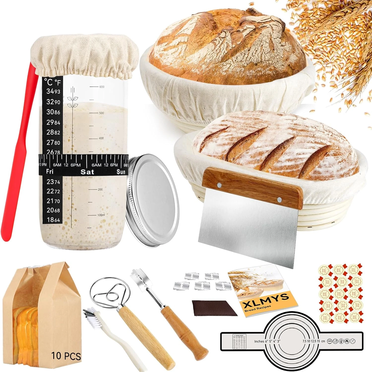 Sourdough Starter Kit - 9" Round & 10" Oval Banneton Baskets with Jar & Tools
