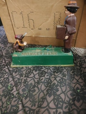 Cast Iron Mechanical Monkey  Organ Grinder Coin Bank Reproduction