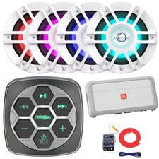 Metra Boat BT Controller, 4x 6.5" 300 Watt RGB LED Speakers, 4CH Amplifier, Kit